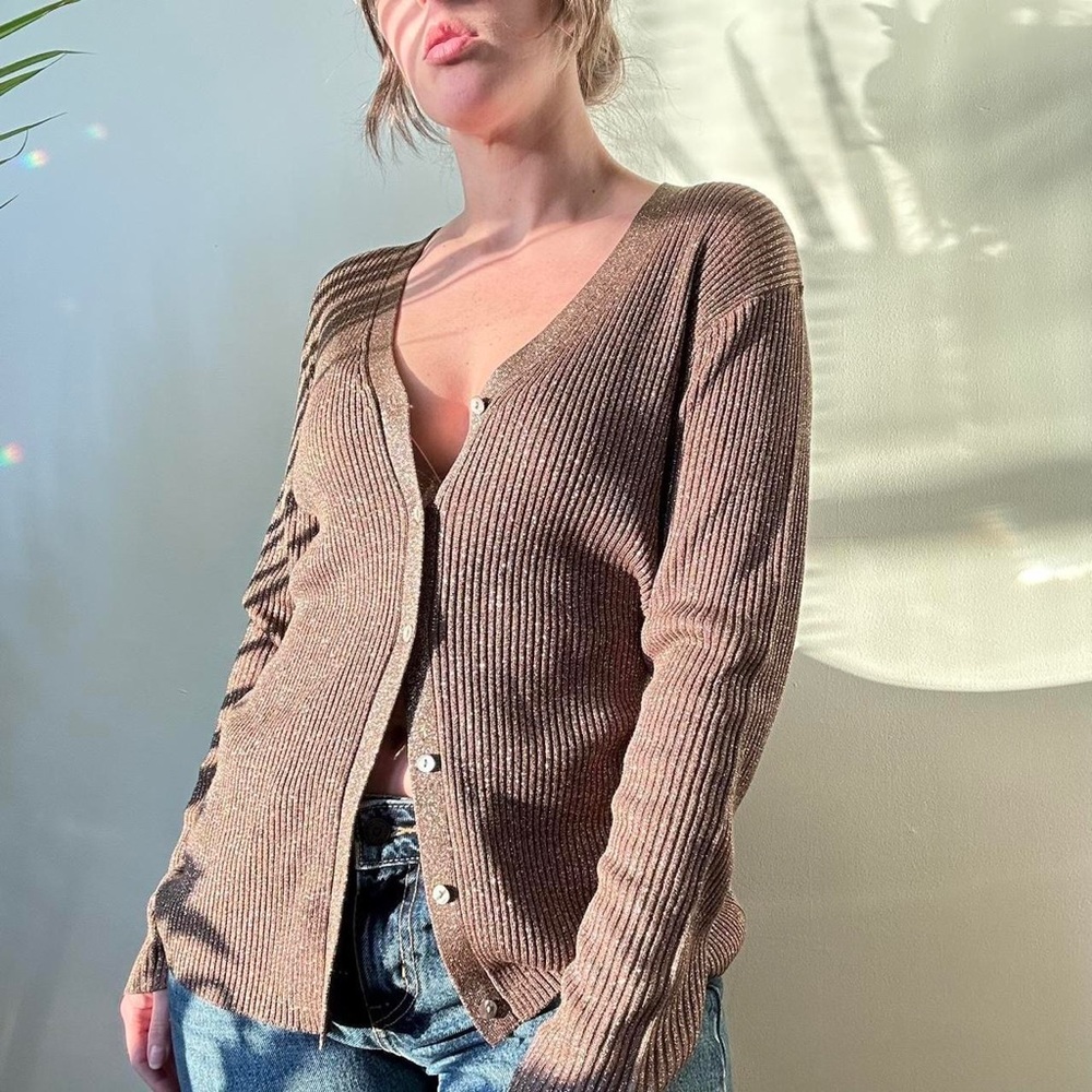 Carole Little brand silk golden sparkle cardigan.